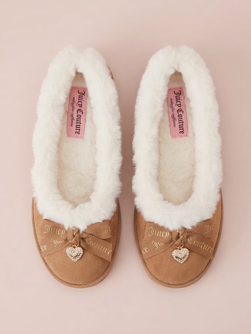 NWT Juicy Couture Tan Faux-Suede Ballet Slippers with White Faux-Fur Trim
